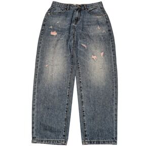 Women's Jeans 29 Blue Pink Distressed Straight Gothic Cross Streetwear Fashion